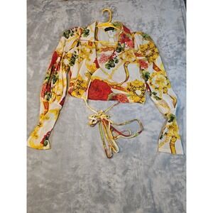 The Curve by Judani Baroque Floral Wrap Top 2X Gold Chain Rose Crop Blouse